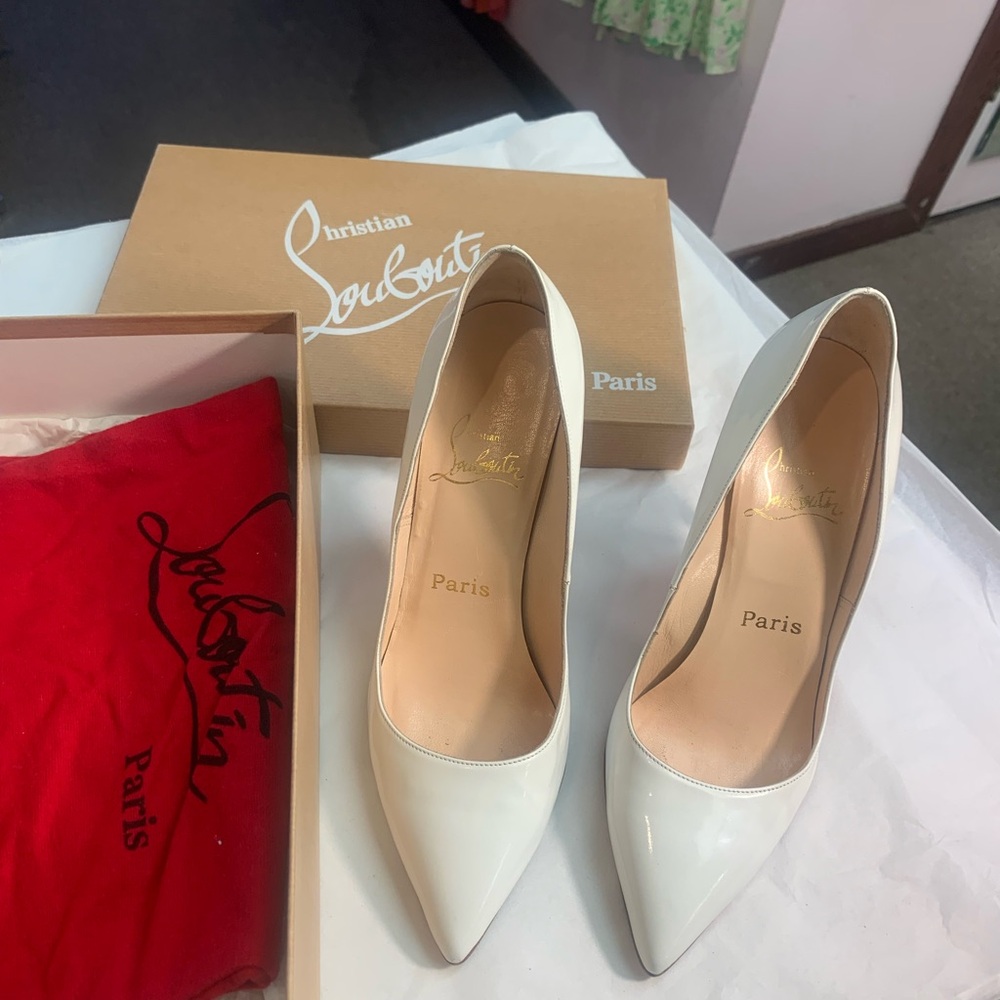 Christian Louboutin White Patent Leather Pointed-Toe Pumps